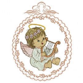 Matriz de bordado Menina Anjo Harpa Moldura